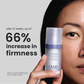 A close-up of a woman holding a bottle of DWB Exo-Plex Collagen Renewal Eye Cream against a light gray background with promotional text about increased firmness after 12 weeks.